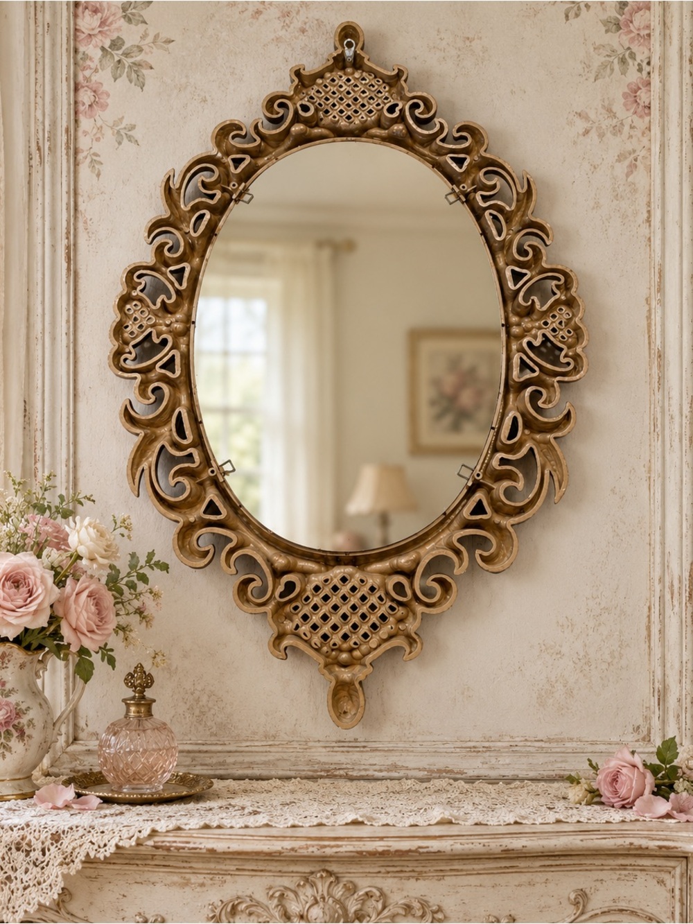 Vintage Ornate Gold Oval Wall Mirror Hollywood Regency Baroque Rococo Décor